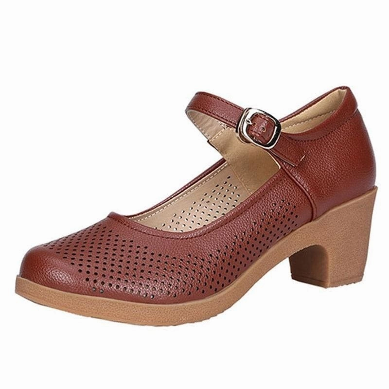 Breathable Buckle Openwork Leather Women Summer Shoes Mud High Heels