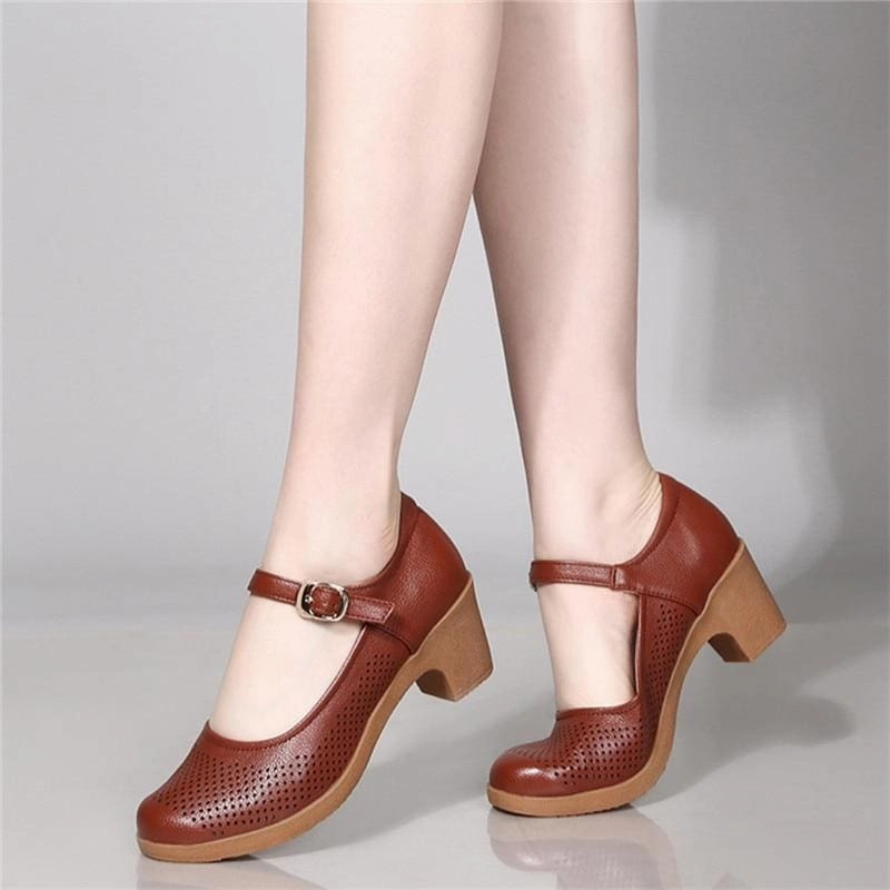 Breathable Buckle Openwork Leather Women Summer Shoes Blue And White High Heels