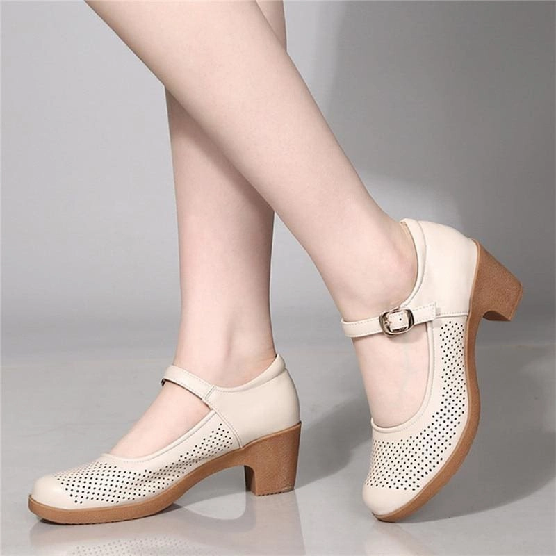 Crocs Heels Breathable Buckle Openwork Leather Women Summer Shoes