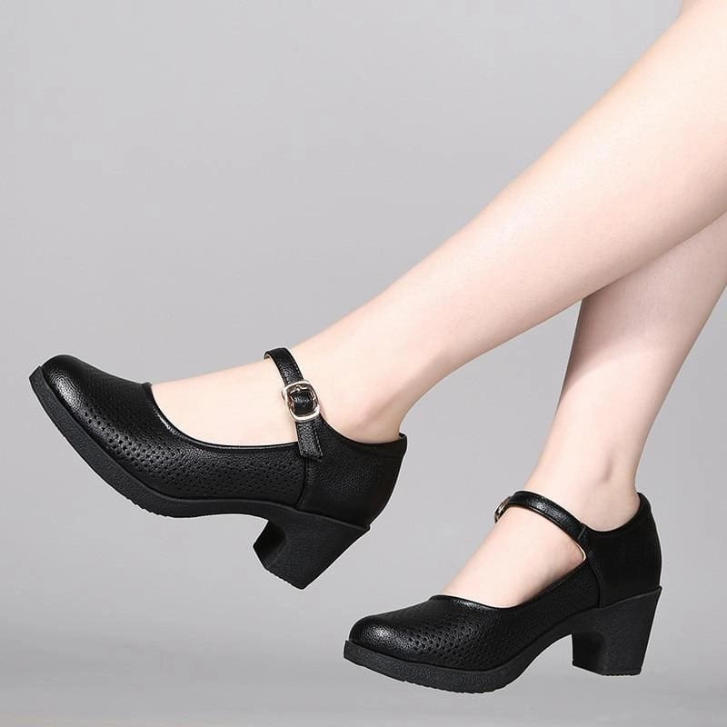 Breathable Buckle Openwork Leather Women Summer Shoes Pants High Heels