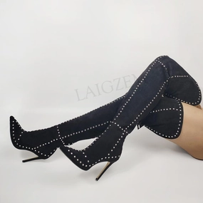 Ladies Golf Shoes SEIIHEM SEXY Women Over Knee High Boots Black Zip Stiletto Heels Thigh High Boots Ladies Party Shoes Woman Large Size 43 44 47