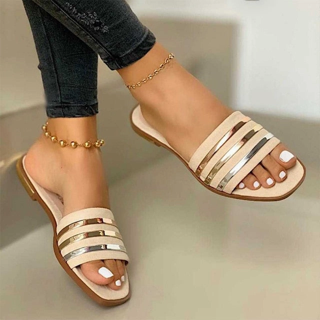 Ladies Slippers Beach Summer Shoes 2020 New Women Slip on Bling Gold Flat Slides Outdoor Shoes Female Casual Sandals Plus Size Arch Support Shoes Flat Feet