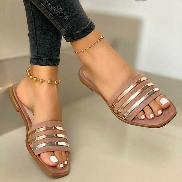 Ladies Slippers Beach Summer Shoes 2020 New Women Slip on Bling Gold Flat Slides Outdoor Shoes Female Casual Sandals Plus Size Shoe Zone Flat Shoes
