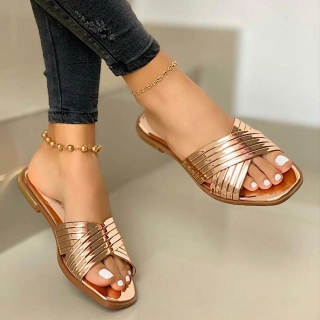 Ladies Slippers Beach Summer Shoes 2020 New Women Slip on Bling Gold Flat Slides Outdoor Shoes Female Casual Sandals Plus Size Gravel Bike Shoes Flat Pedals