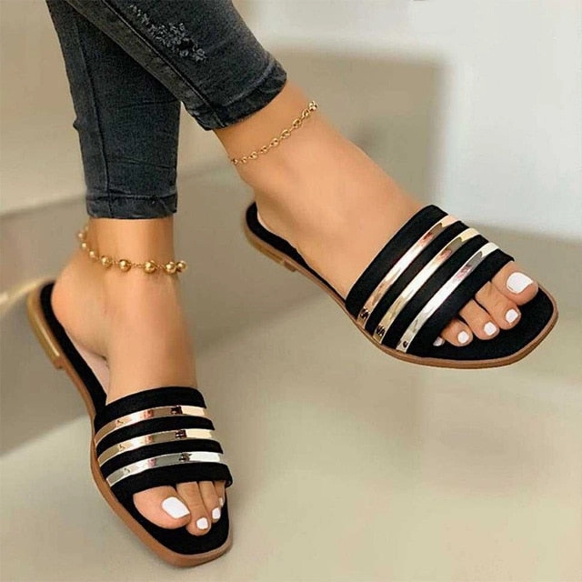 Ladies Slippers Beach Summer Shoes 2020 New Women Slip on Bling Gold Flat Slides Outdoor Shoes Female Casual Sandals Plus Size Flat Shoes Flats