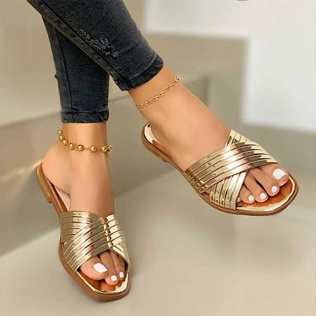 Best Running Shoes For Overweight Flat Feet Ladies Slippers Beach Summer Shoes 2020 New Women Slip on Bling Gold Flat Slides Outdoor Shoes Female Casual Sandals Plus Size