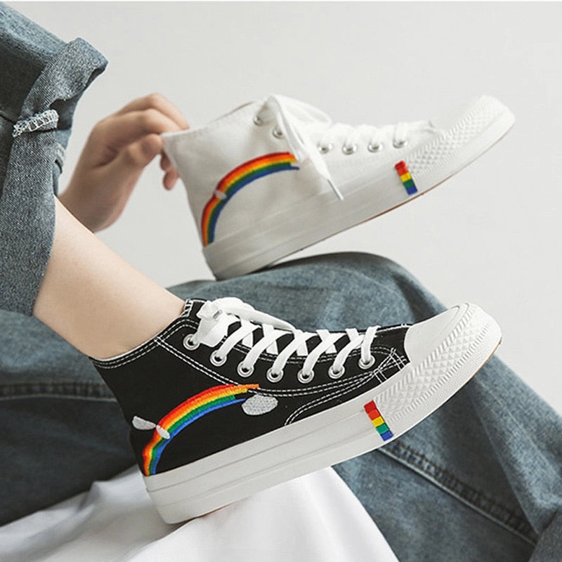 Vulcanized Women shoes High top Canvas sneakers women Mixed Colors Sport Shoe Girls School Shoes Leisure Flat chaussures femme White Sneakers To Wear With Dresses