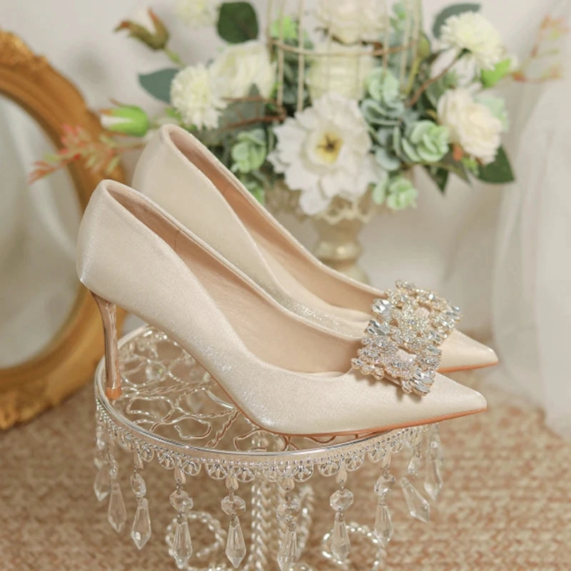 Women's Crystal Square Buckle High Heels Pumps High Heel Guards For Grass