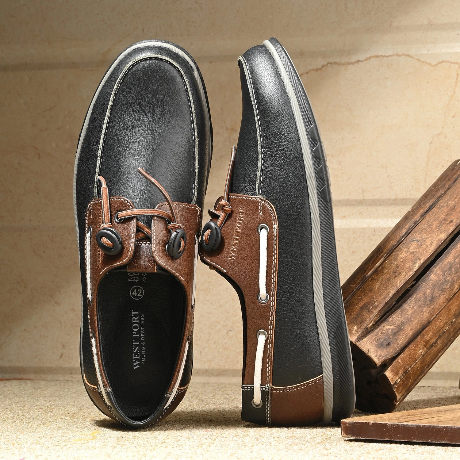 Tan Suede Casual Shoes West Port Men Premium Leather Boat Shoes (Danial-66-Black-Tan)