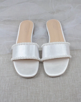 Best Comfortable Shoes White Satin Slip on Sandals with Pearls