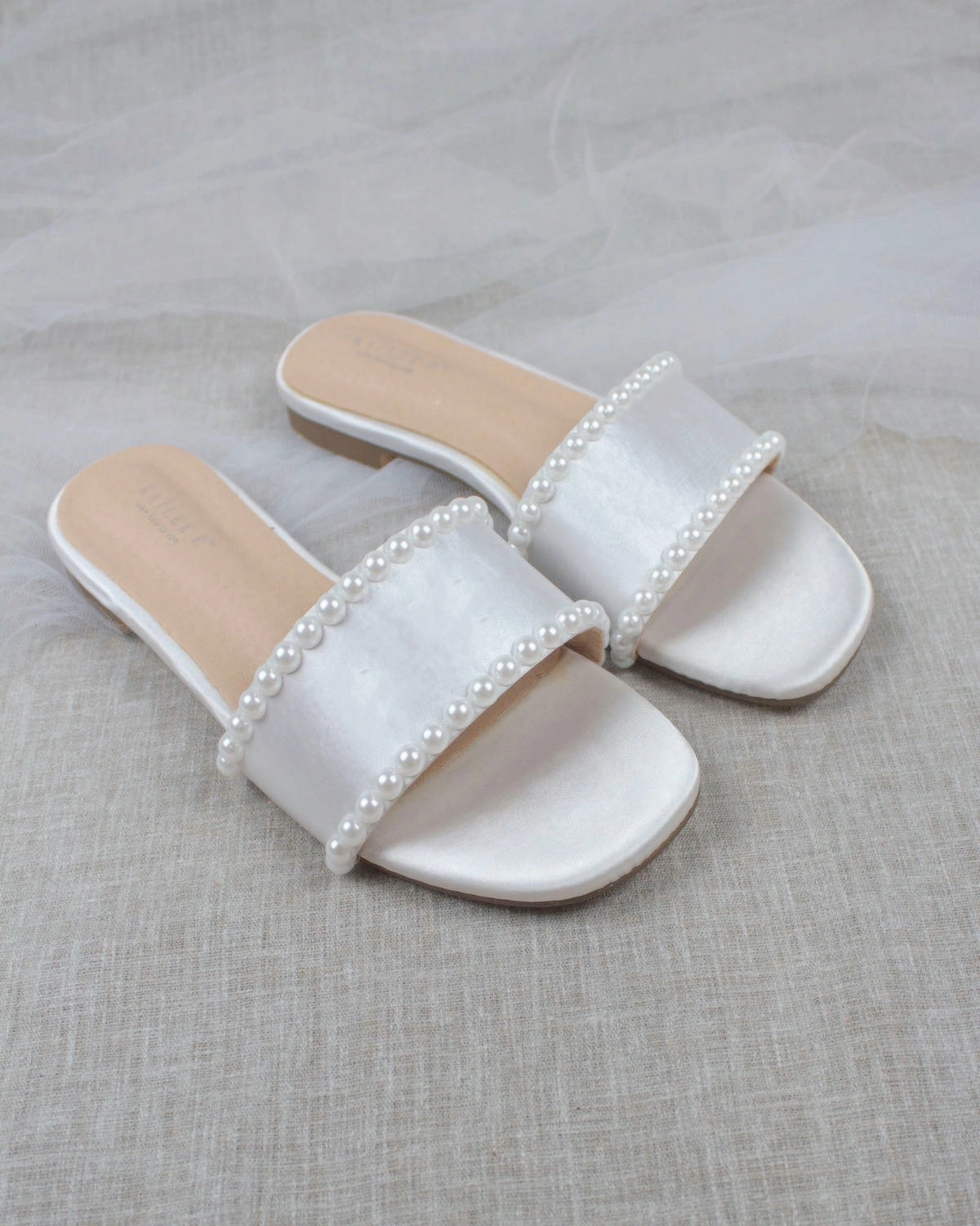White Satin Slip on Sandals with Pearls Flat Bridal Wedding Shoes