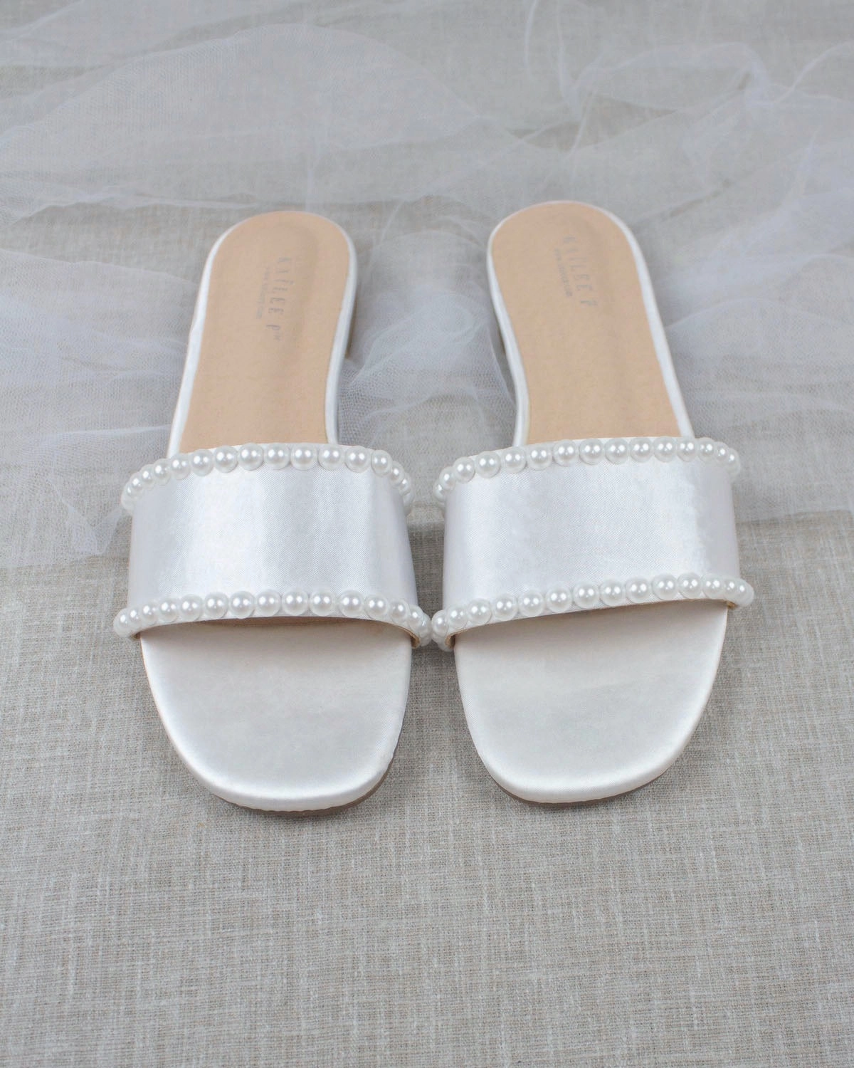 Mary Janes Shoes Flats White Satin Slip on Sandals with Pearls