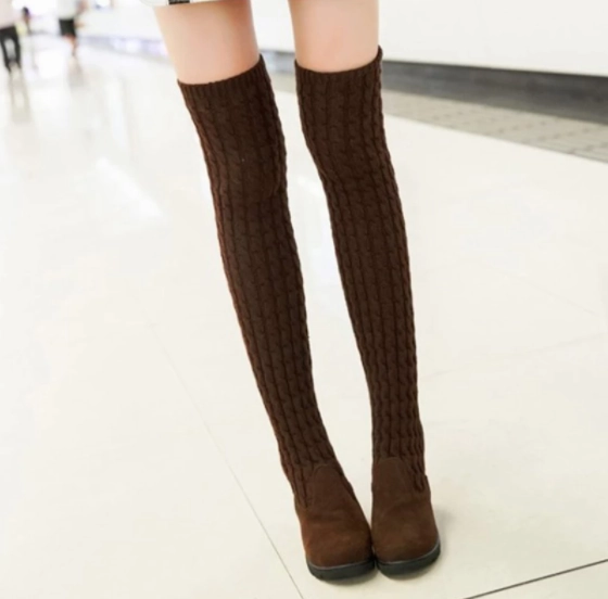 Women Boots Ladies Fashion Flat Bottom Boots Shoes Over The Knee Thigh High Knitting wool Long Brand Boots Closed Flat Shoes