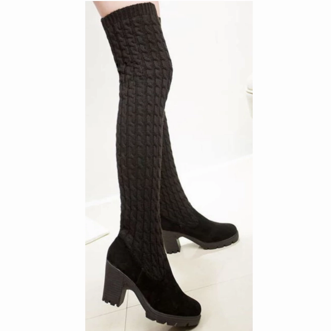 Women Boots Ladies Fashion Flat Bottom Boots Shoes Over The Knee Thigh High Knitting wool Long Brand Boots Flat Soled Tennis Shoes