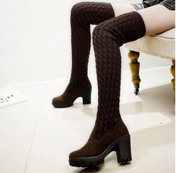 Shoe 7.0 Hydradri Flat Women Boots Ladies Fashion Flat Bottom Boots Shoes Over The Knee Thigh High Knitting wool Long Brand Boots