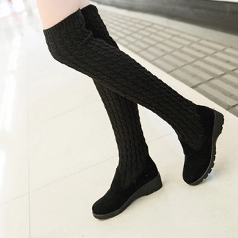 Women Boots Ladies Fashion Flat Bottom Boots Shoes Over The Knee Thigh High Knitting wool Long Brand Boots Best Running Shoes For Flat Feet Heel Strikers