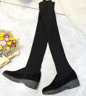 Flat Shoes With Thick Soles Women Boots Ladies Fashion Flat Bottom Boots Shoes Over The Knee Thigh High Knitting wool Long Brand Boots