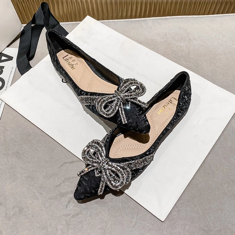 Stretchy Flat Shoes Women Flat Elegant Fashion Women Flat Fashion Ballet Shoes Ladies Bling Crystal Bow Tie Pointed Toe Flats Shoes Zapatos De Mujer
