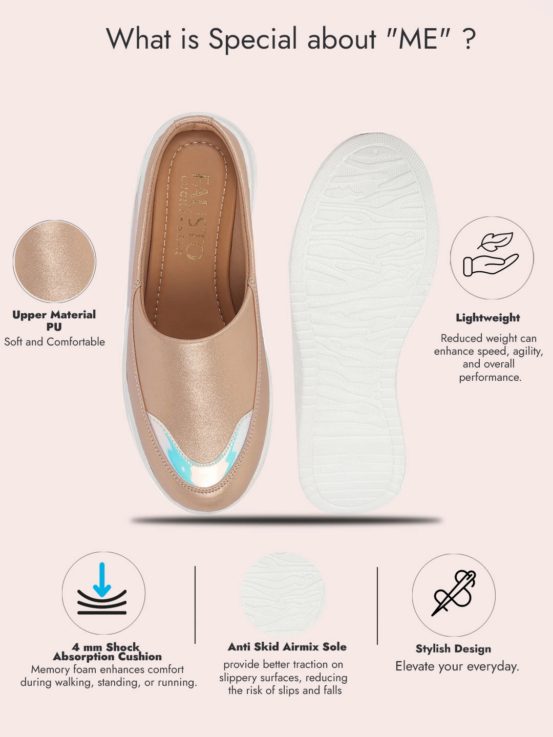 Slide On Casual Shoes Women Rose Gold Classic Height Enhancer Embellished Back Open Slip On Mule Shoes|All Season Casual Slip On Shoe