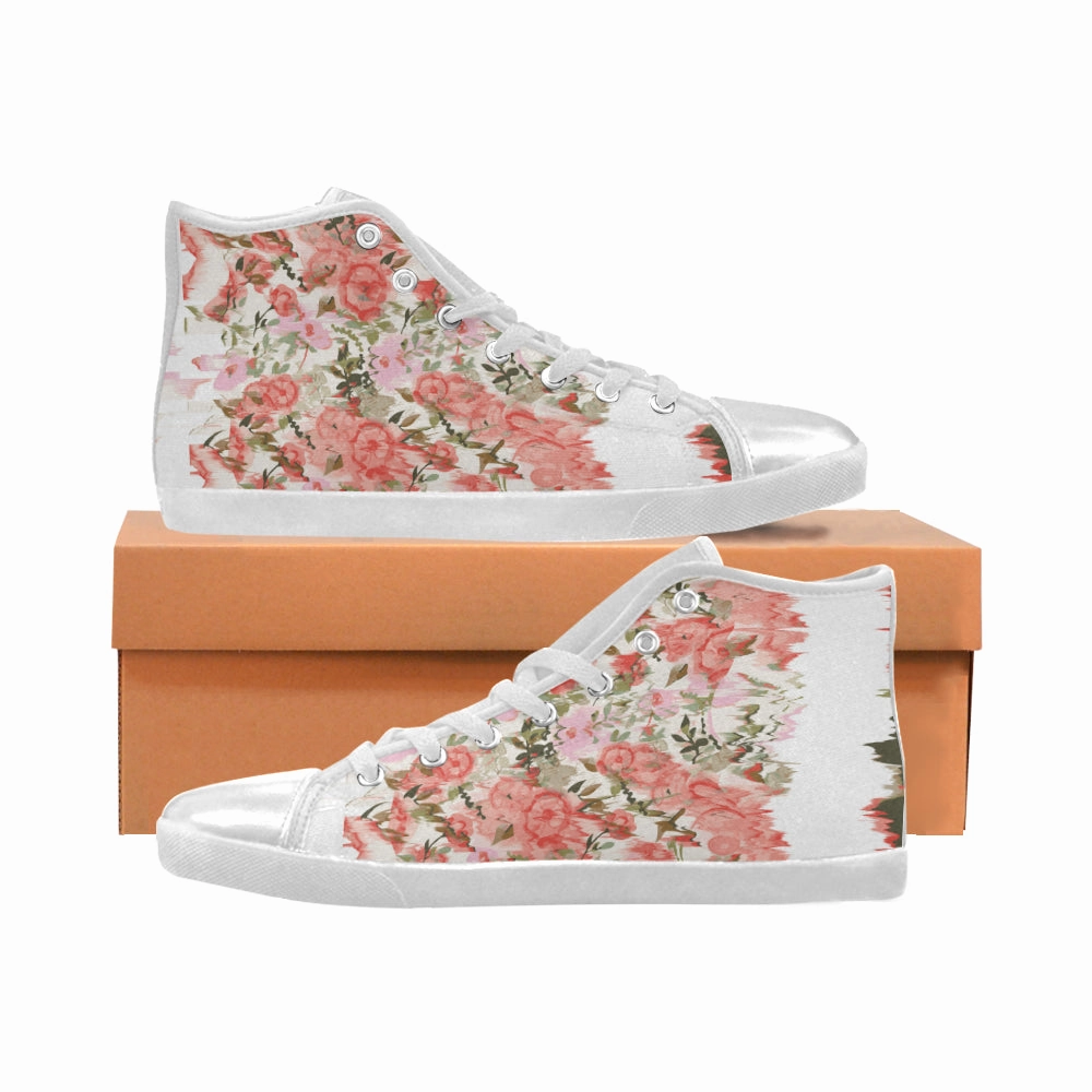 Women's Baby Pink Floral Print Canvas High Top Shoes High Heel Slouch Boots