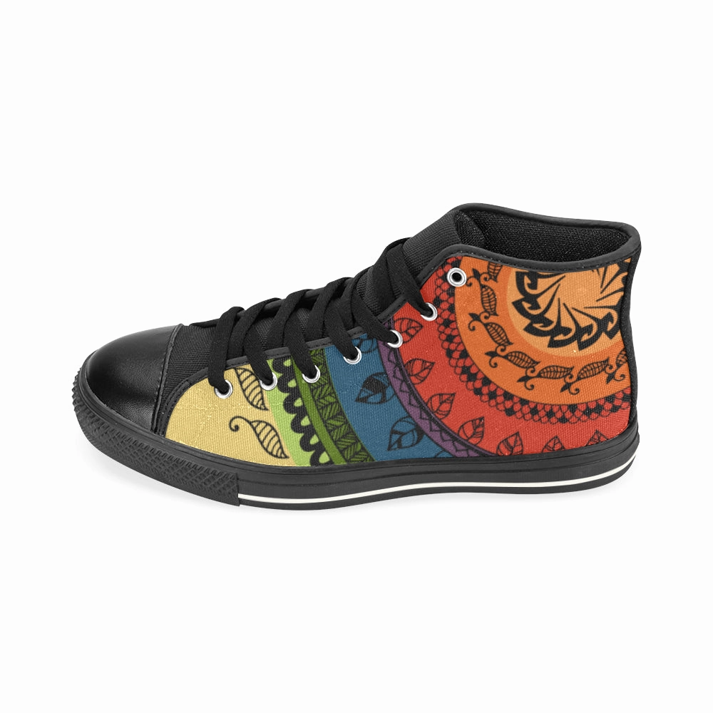 Women's Big Size Black Folksy Mandala Print Canvas High Top Shoes High Arch Heel Shoes