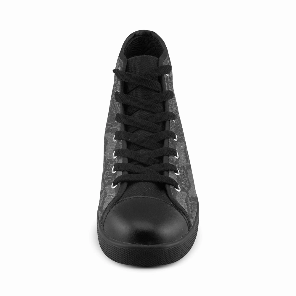 Women's Big Size Black Snake Print High Top Canvas Shoes High Heels With Thick