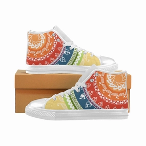 High Heel Tennis Shoes Women's Big Size White Folksy Mandala Print Canvas High Top Shoes