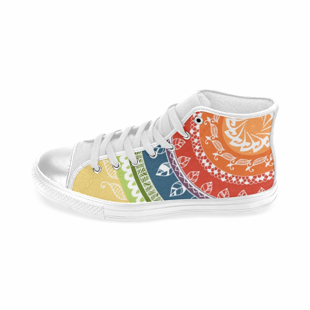 Women's Big Size White Folksy Mandala Print Canvas High Top Shoes Caged Heel Shoes