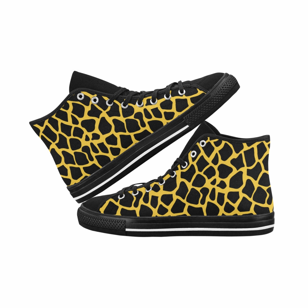 Leather High Heel Shoes Women's Black Giraffe Print High Top Canvas Shoes