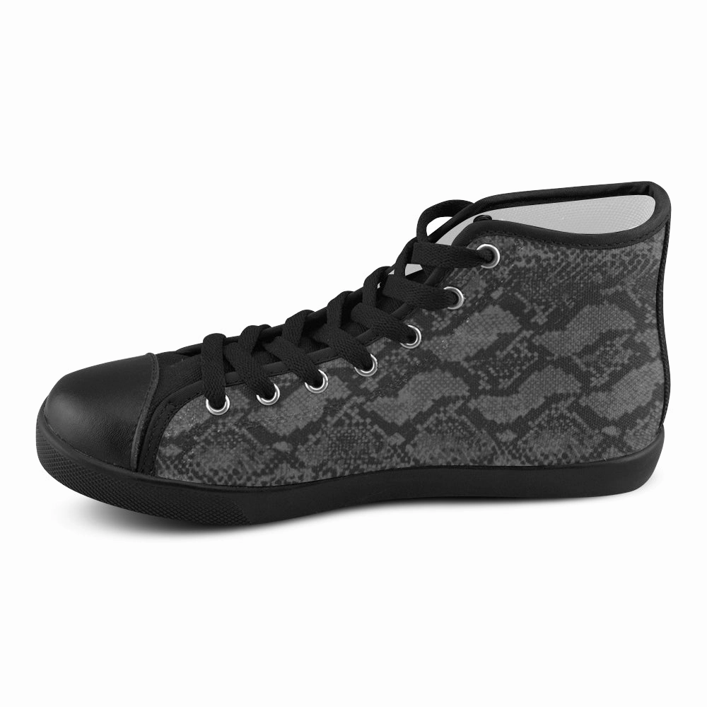 Women's Black Snake Print High Top Canvas Shoes Drawing High Heels