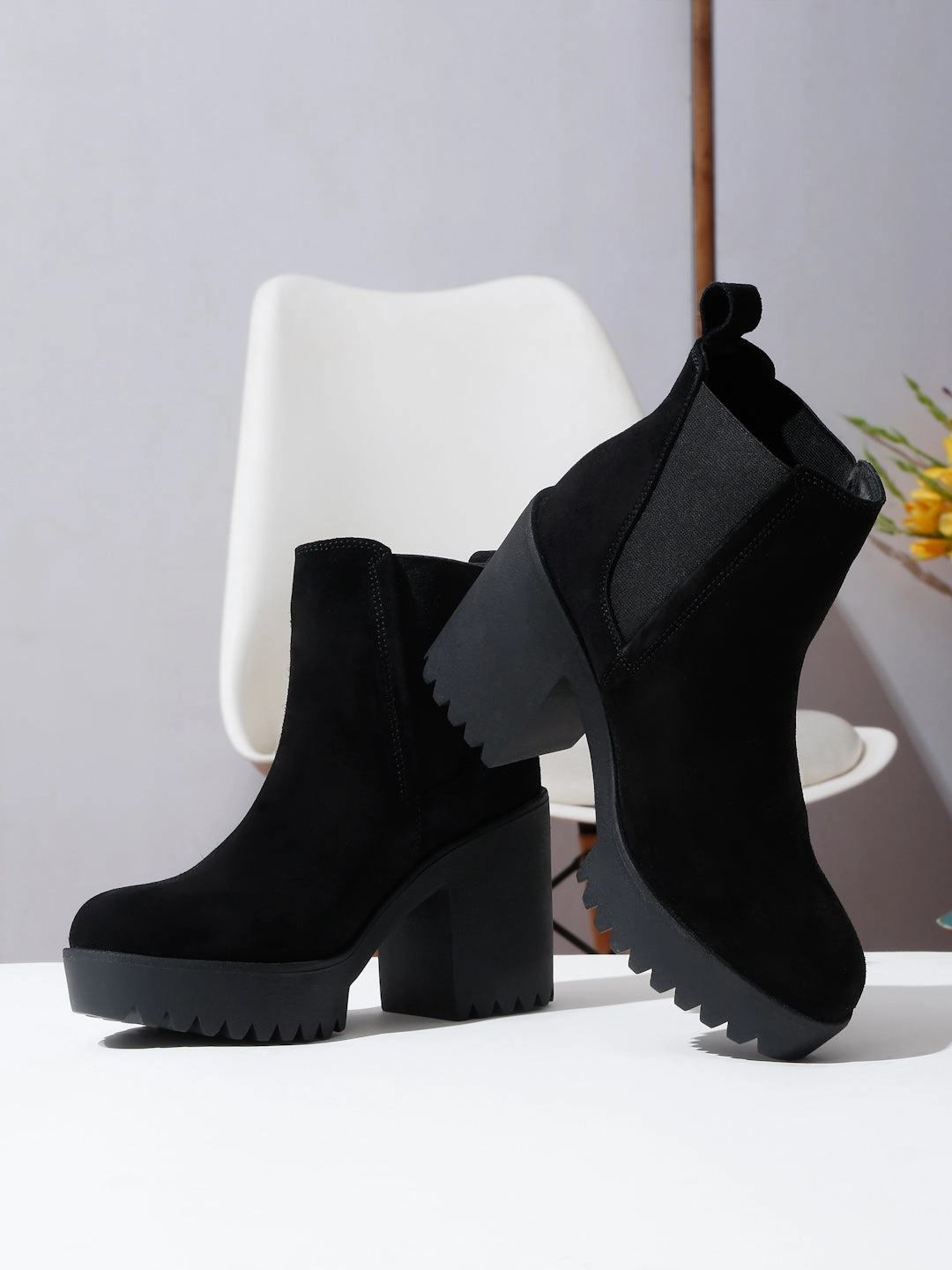 Women's Black Suede Leather Mid - Ankle High Heeled Boots Best Waterproof Work Boots