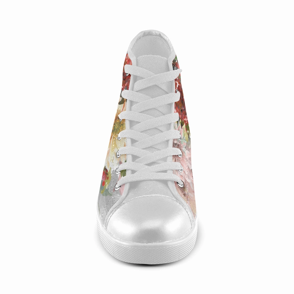 Women's Bouquet Floral Print Canvas High Top Shoes Suede Mary Jane High Heels