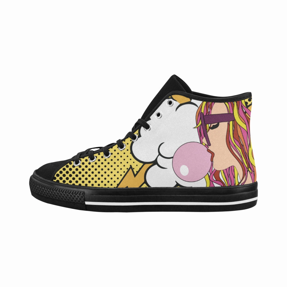 White Strap Women's Bubble Gum Pop Art Print Canvas High Top Shoes