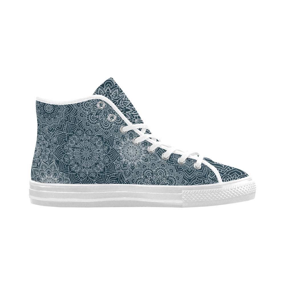 Women's Coral Blue Mandala Print Canvas High Top Shoes Rubber Boots High Heel