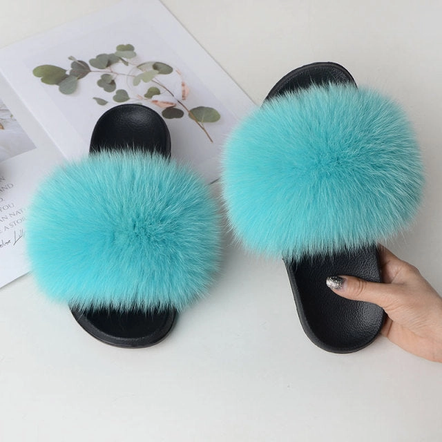 Women Summer Casual Fluffy Slippers With Fur Flat Non-Slip Real Fox Fur Furry Slides Large Size Shoes Fur Sandals Coquette Suede Cold Weather Slippers