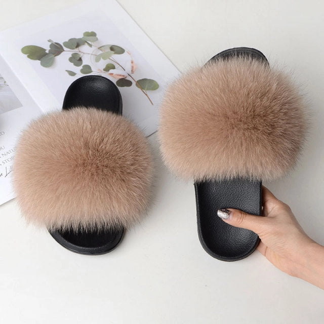 Women Summer Casual Fluffy Slippers With Fur Flat Non-Slip Real Fox Fur Furry Slides Large Size Shoes Fur Sandals Super Mario Bros Slippers