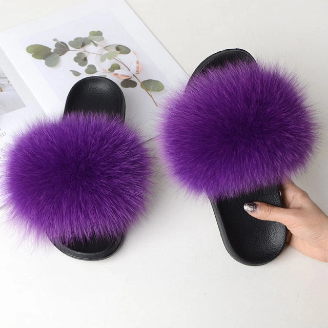 Alaskan Slippers Women Summer Casual Fluffy Slippers With Fur Flat Non-Slip Real Fox Fur Furry Slides Large Size Shoes Fur Sandals