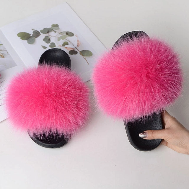Women Summer Casual Fluffy Slippers With Fur Flat Non-Slip Real Fox Fur Furry Slides Large Size Shoes Fur Sandals Puffer Slippers