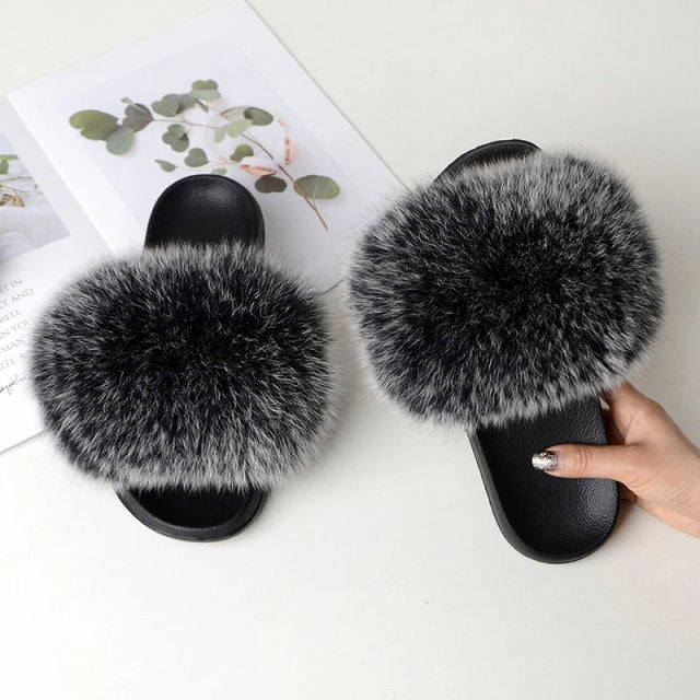 Women Summer Casual Fluffy Slippers With Fur Flat Non-Slip Real Fox Fur Furry Slides Large Size Shoes Fur Sandals Chaco Slides