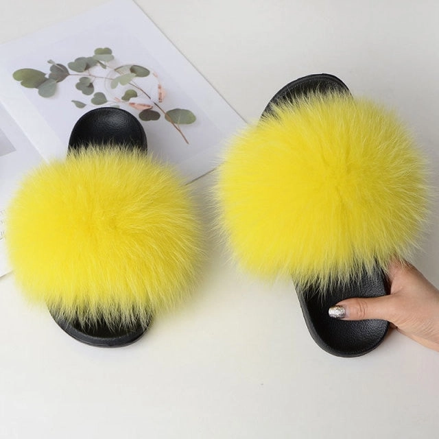 Women Summer Casual Fluffy Slippers With Fur Flat Non-Slip Real Fox Fur Furry Slides Large Size Shoes Fur Sandals Tasman Slippers Sale