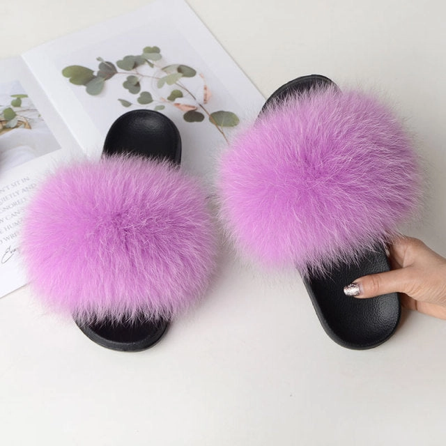 Faux Fur Slide Sandals Women Summer Casual Fluffy Slippers With Fur Flat Non-Slip Real Fox Fur Furry Slides Large Size Shoes Fur Sandals