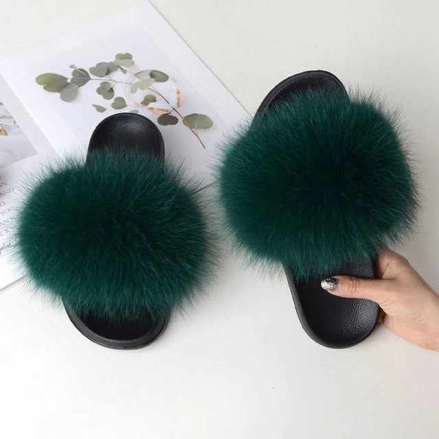 Women Summer Casual Fluffy Slippers With Fur Flat Non-Slip Real Fox Fur Furry Slides Large Size Shoes Fur Sandals Slippers Good Support