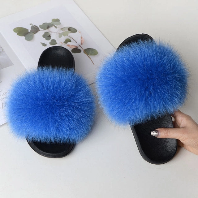 Slippers Custom Women Summer Casual Fluffy Slippers With Fur Flat Non-Slip Real Fox Fur Furry Slides Large Size Shoes Fur Sandals