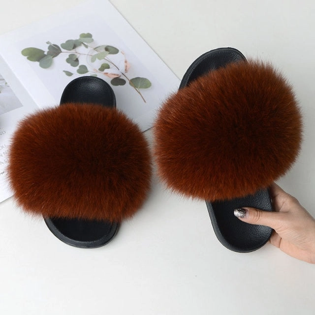 Women Summer Casual Fluffy Slippers With Fur Flat Non-Slip Real Fox Fur Furry Slides Large Size Shoes Fur Sandals Lightning Mcqueen Slides