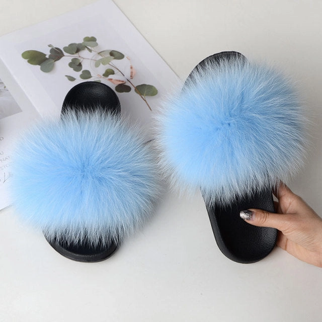 Women Summer Casual Fluffy Slippers With Fur Flat Non-Slip Real Fox Fur Furry Slides Large Size Shoes Fur Sandals Moozy Slitters