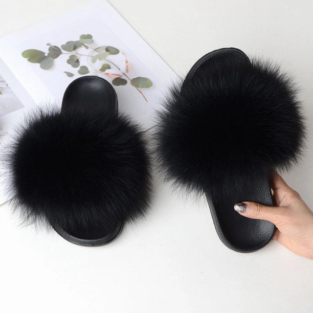 Women Summer Casual Fluffy Slippers With Fur Flat Non-Slip Real Fox Fur Furry Slides Large Size Shoes Fur Sandals South Park Slippers