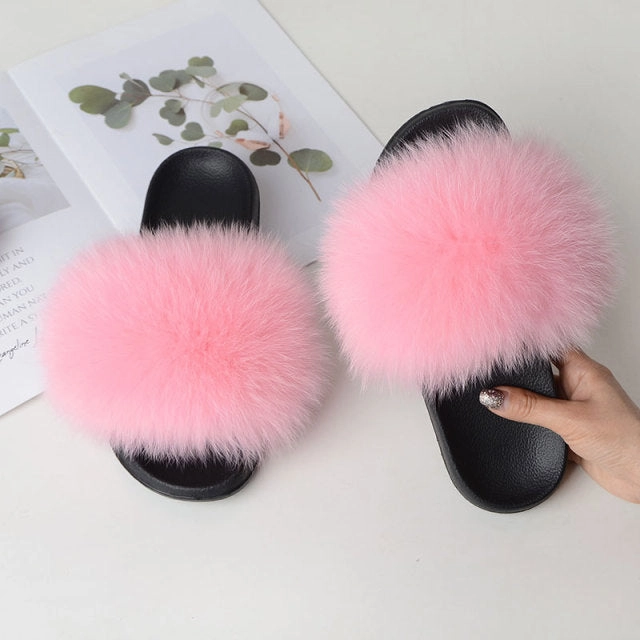 Women Summer Casual Fluffy Slippers With Fur Flat Non-Slip Real Fox Fur Furry Slides Large Size Shoes Fur Sandals Best Down Slippers