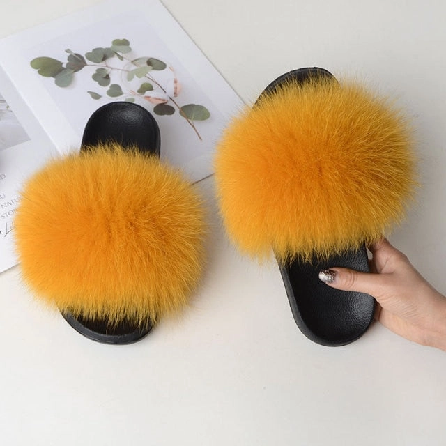 Women Summer Casual Fluffy Slippers With Fur Flat Non-Slip Real Fox Fur Furry Slides Large Size Shoes Fur Sandals Extra Wide Clog Slippers