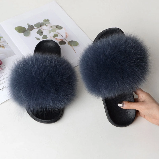 Women Summer Casual Fluffy Slippers With Fur Flat Non-Slip Real Fox Fur Furry Slides Large Size Shoes Fur Sandals Best Ortho Slippers