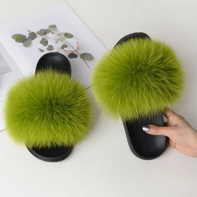Women Summer Casual Fluffy Slippers With Fur Flat Non-Slip Real Fox Fur Furry Slides Large Size Shoes Fur Sandals Indoor Shoes Slippers